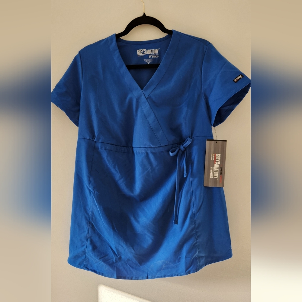 Small Royal Blue Grey's Anatomy Lillah 2 Pocket Maternity Wrap Scrub Top